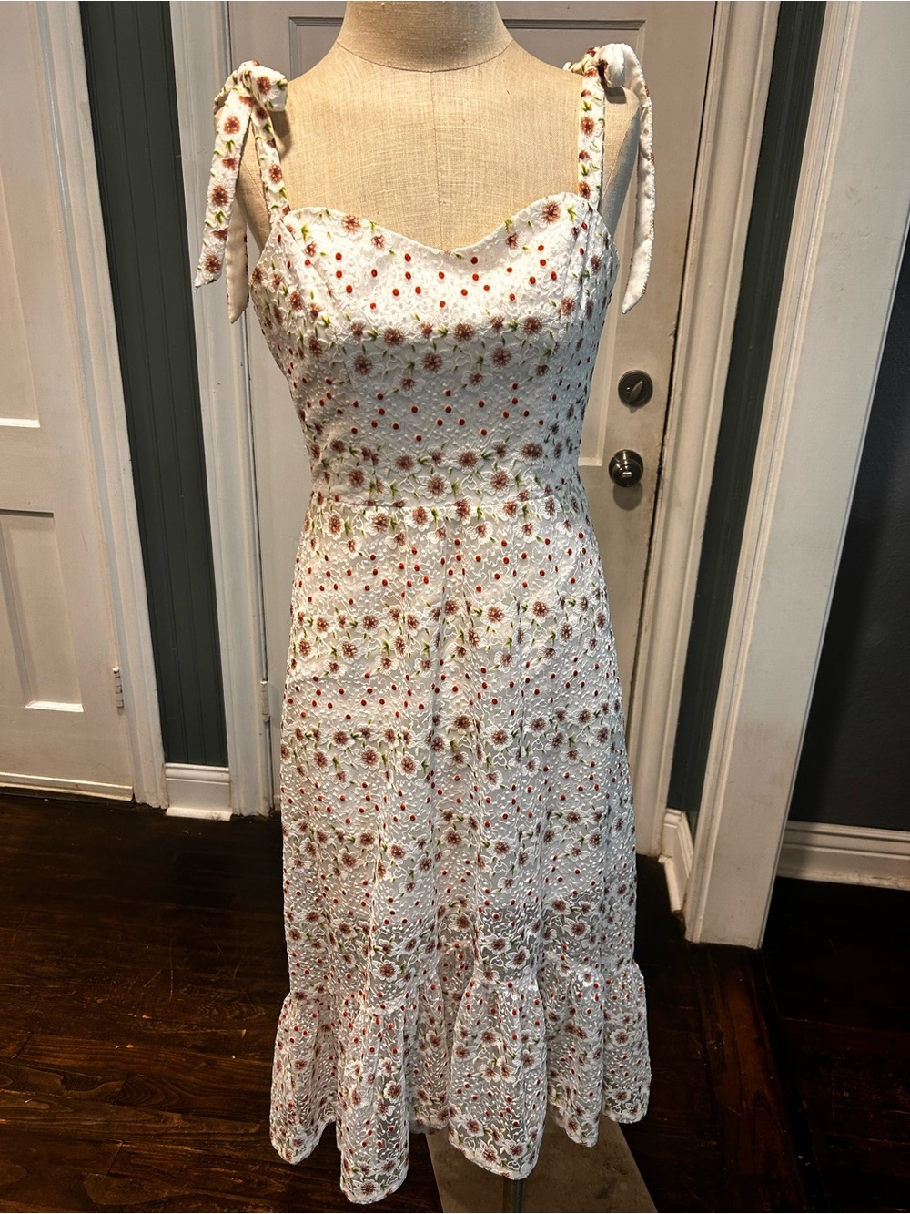 Dress the Population White Eyelet Floral Tie-Shoulder Midi Dress